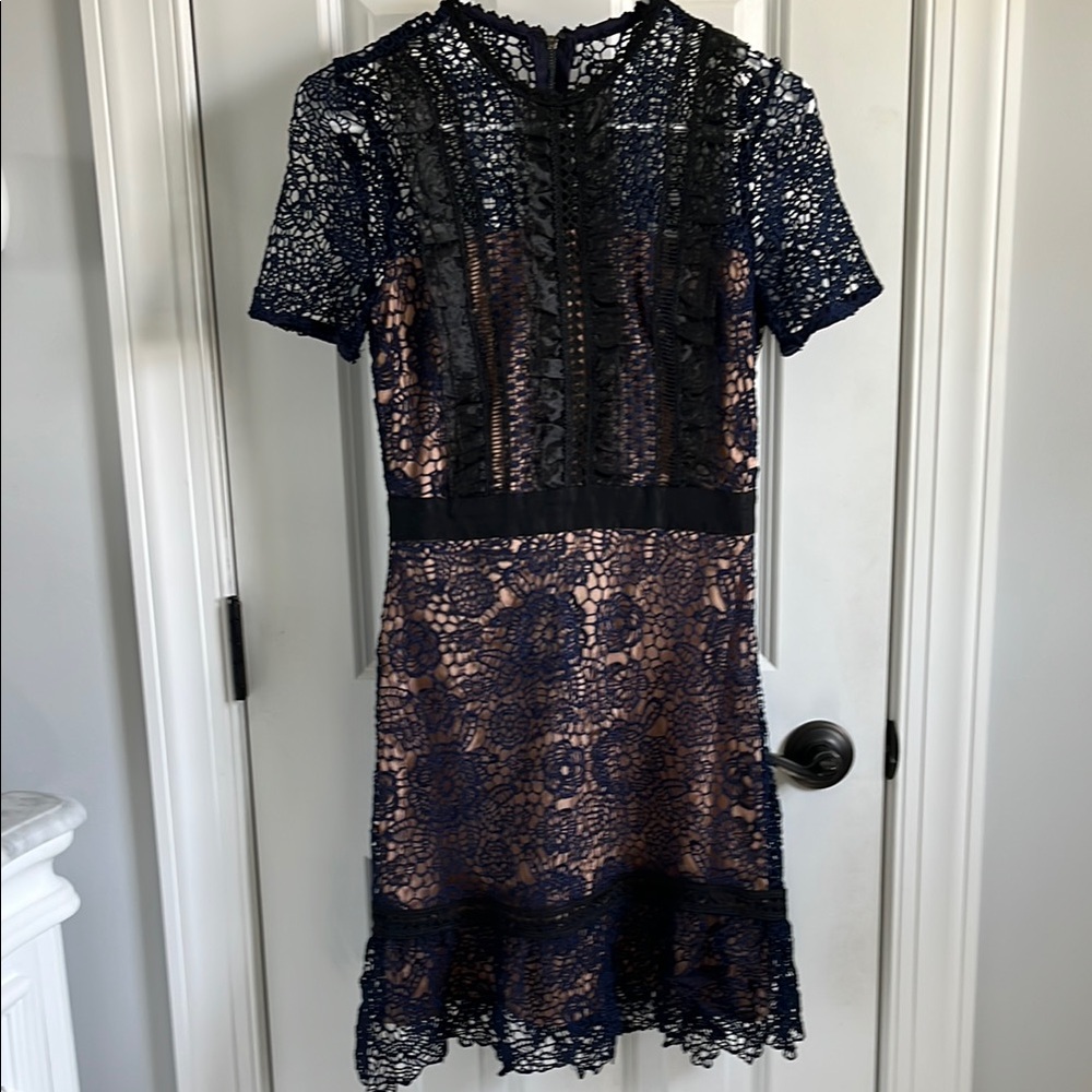 AQUA Navy Blue Black Lace Ruffle Dress XS